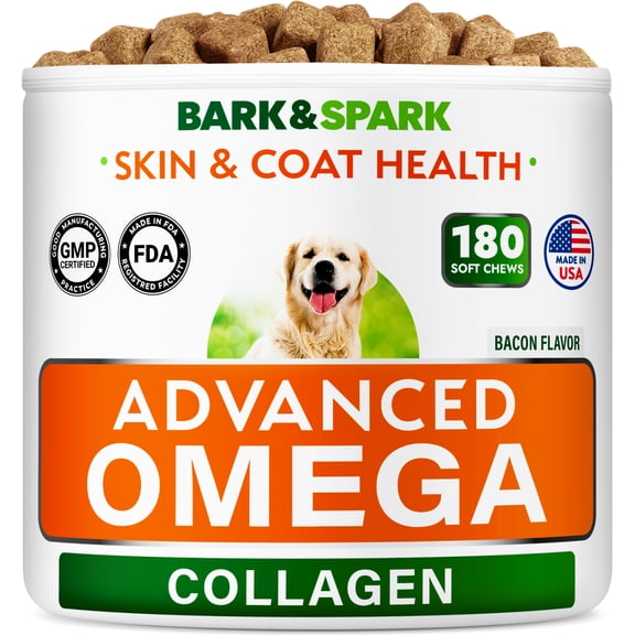 BARK&SPARK Advanced Omega-3 Collagen for Dogs - Shedding, Itch Relief, Skin & Coat Supplement, EPA&DHA - 180Ct