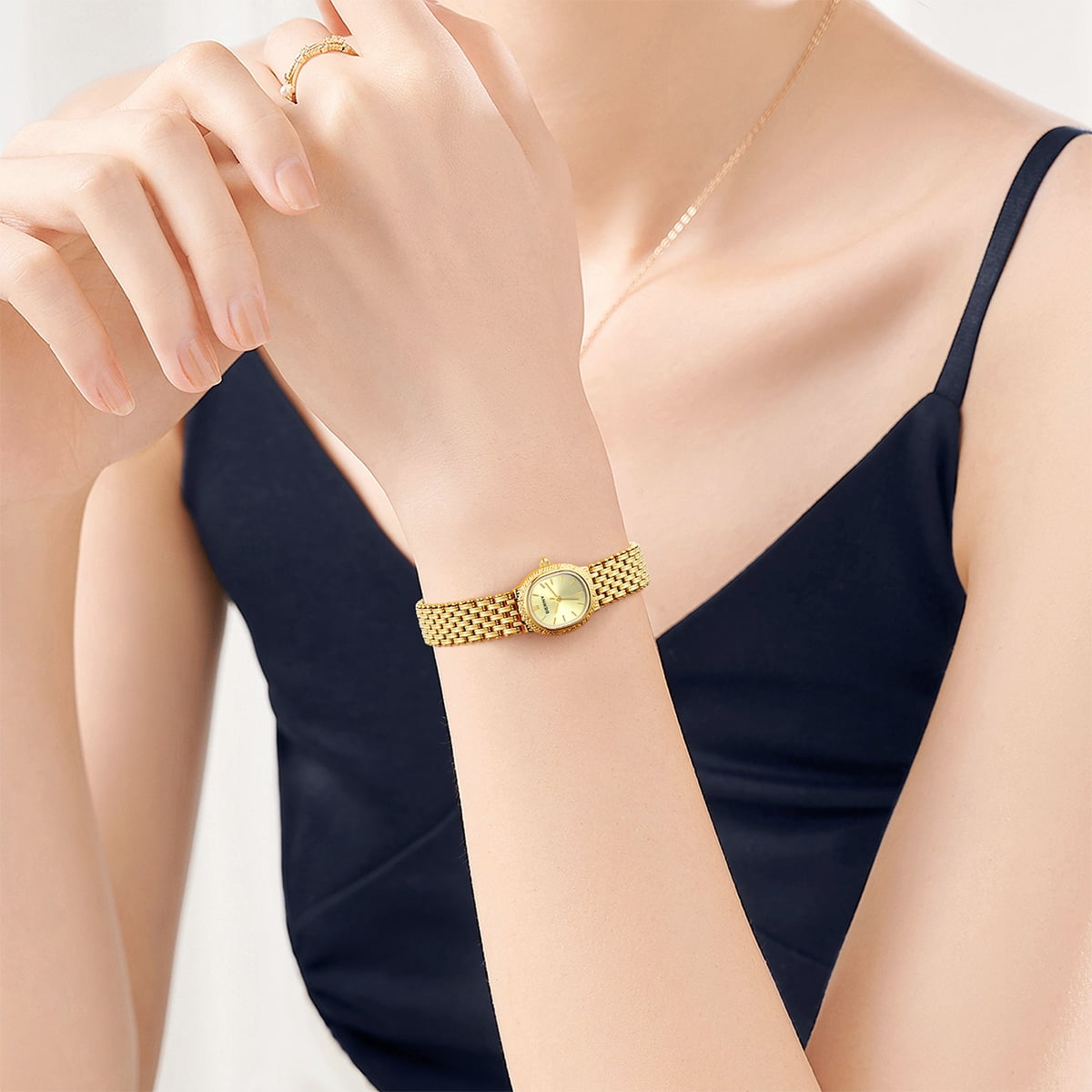 BERNY Small Gold Watches for Women, Dainty Vintage Oval Dial Stainless Steel Bracelet Watch, Adjustment Tool Included, Waterproof, Minimalist Luxury Ladies Analog Quartz Wrist Watch (Gold)