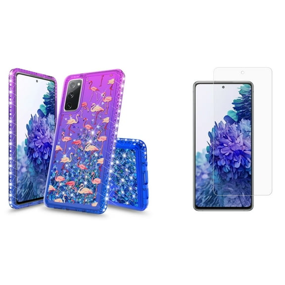 Bemz Liquid Quicksand Case for Samsung Galaxy S20 FE (with 2 Pack of Tempered Glass Screen Protectors and Touch Tool) - Pink Flamingos (Purple/Blue)