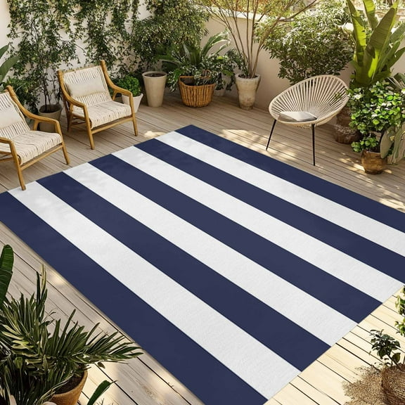 Fsddascl Blue Stripes Outdoor Rug for Patio/Deck/Porch, Non-Slip Large Area Rug 5 x 8 Ft, Simple Blue White Texture Indoor Outdoor Rugs Washable Area Rugs, Reversible Camping Rug Carpet Runner