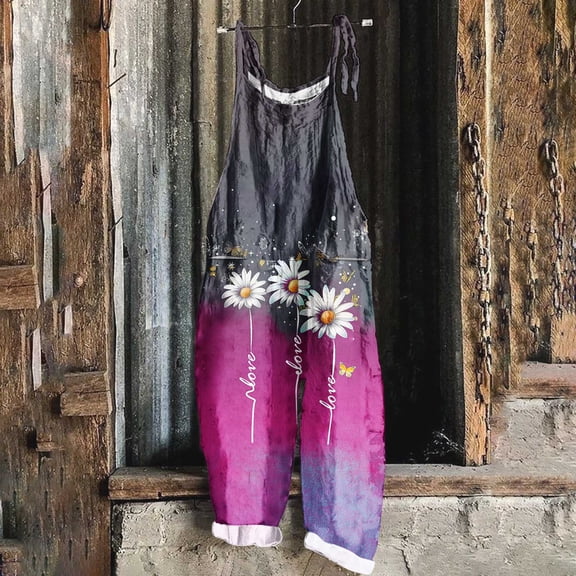 Women's Casual Floral Jumpsuits Spaghetti Straps Sleeveless Boho Summer Loose Harem Overalls Rompers with Pockets Hot Pink XXXXL