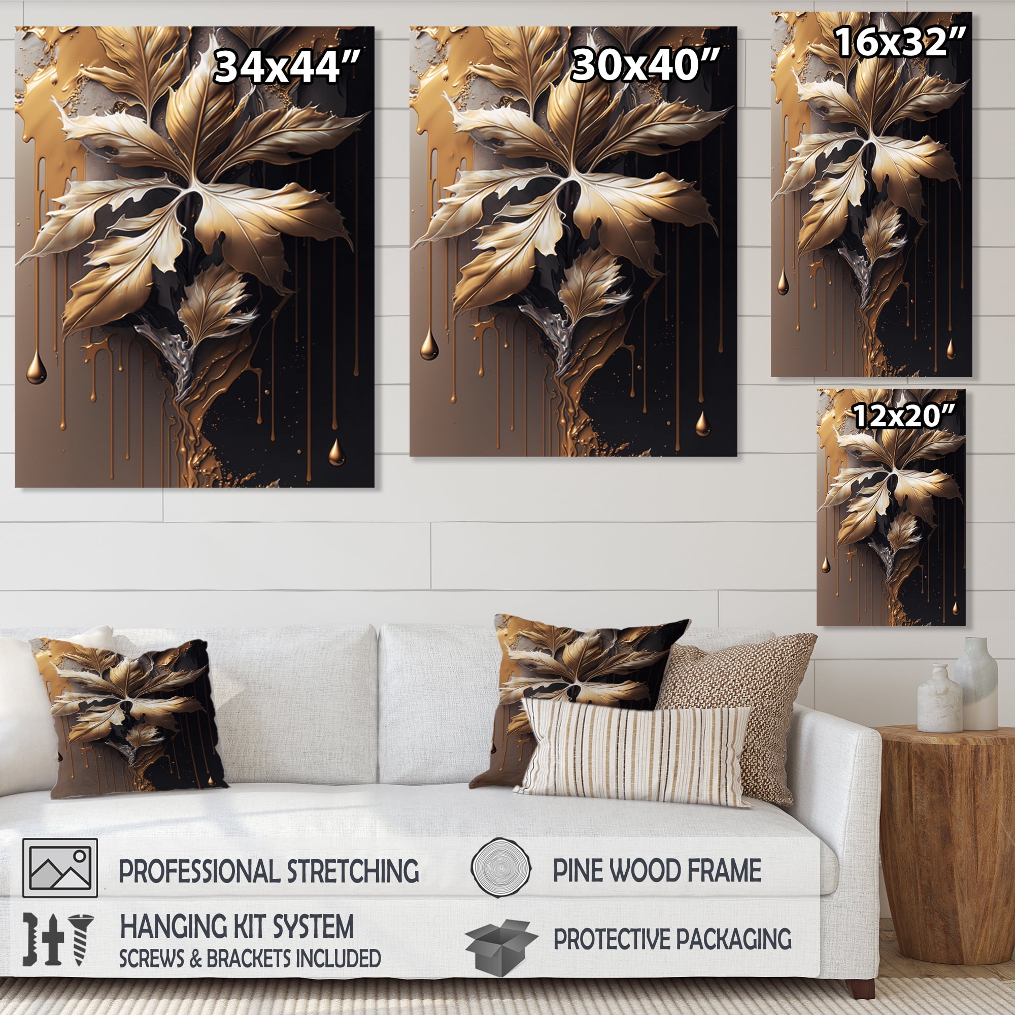 Designart Gold Abstract Leaves I Canvas Wall Art