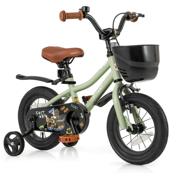 Costway 12" Kid’s Bike with Training Wheels Adjustable Handlebar & Seat Handbrake Green