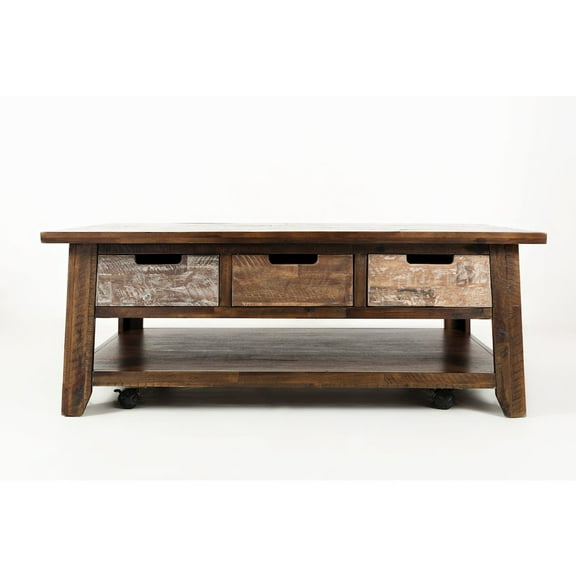Painted Canyon Rustic Solid Acacia 50" Coffee Table with Pull Through Drawers and Caster Wheels