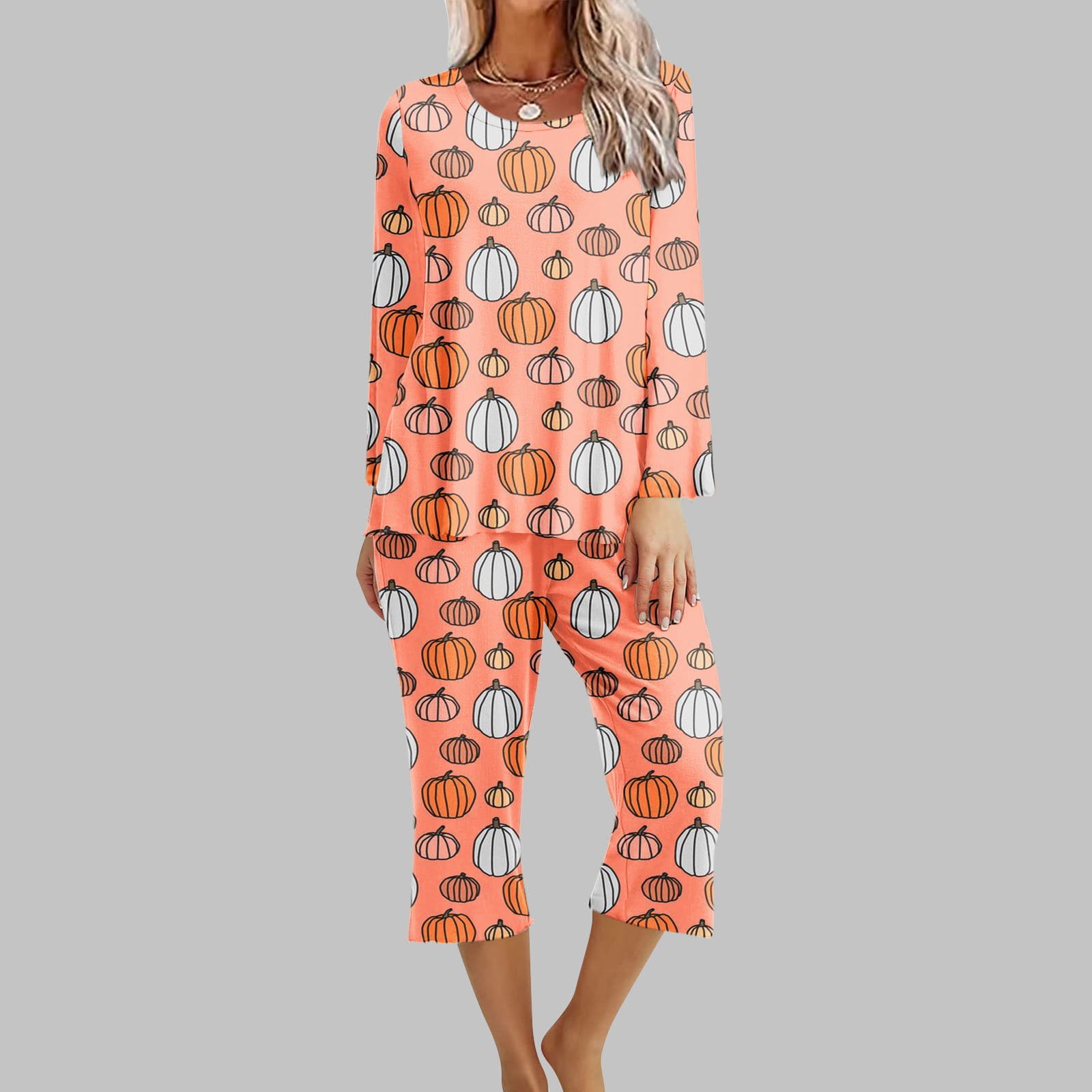 EQWLJWE Halloween Pajamas For Women Pumpkin Long Sleeve Sleepwear Nightwear Soft Pajamas Loungewear Sets With Pockets Sweatsuits Home Pajamas Set