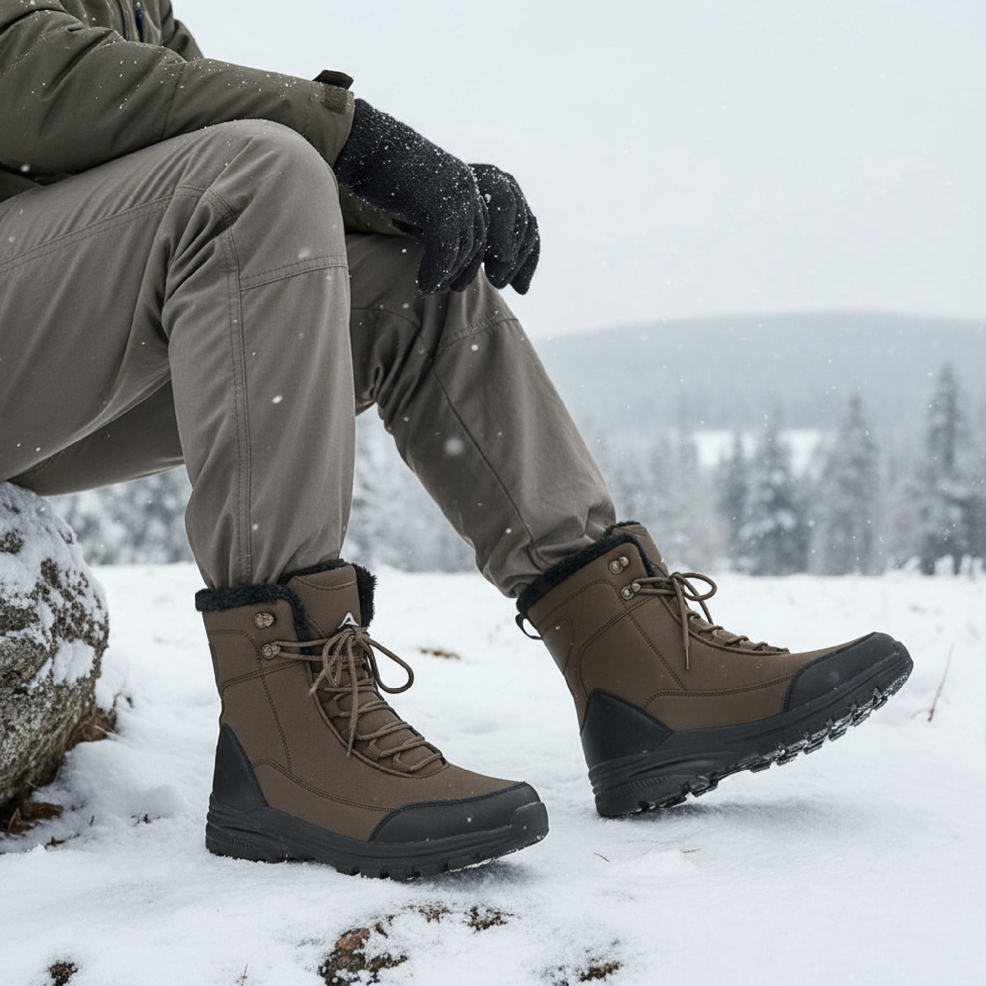 Ecetana Snow Boots for Men Winter Warm Faux Fur Lined Ankle Boots Outdoor Hiking Shoes