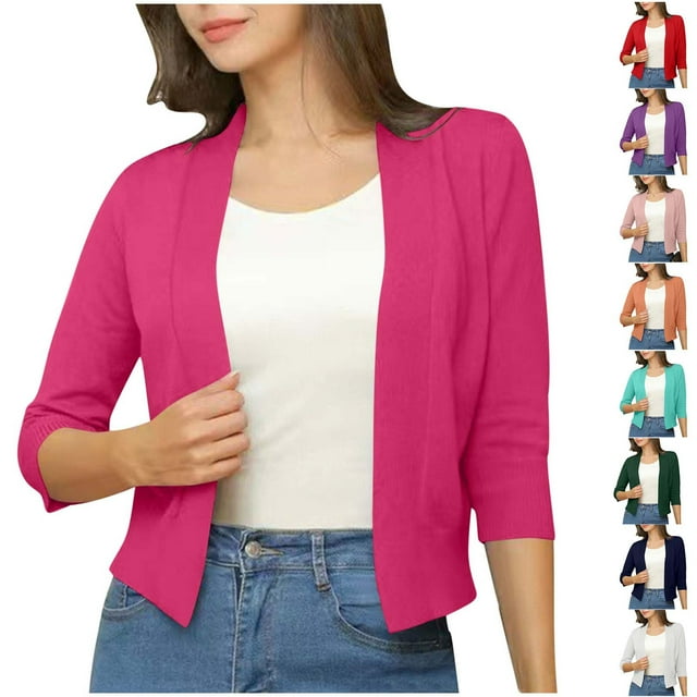 yoeyez Cardigan Court pour Femmes Cardigan à Manches 3/4 pour Femmes Bleu Foncé,S