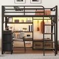 thumbnail image 2 of Loft Bed Full Size with Desk and Charging Station, Metal Loft Beds Frame with LED Lights, Bookcase & 4 Fabric Storage Drawers & Bench, Adults Loft Beds with Wardrobe -Safety Guard & Ladder, Black, 2 of 8