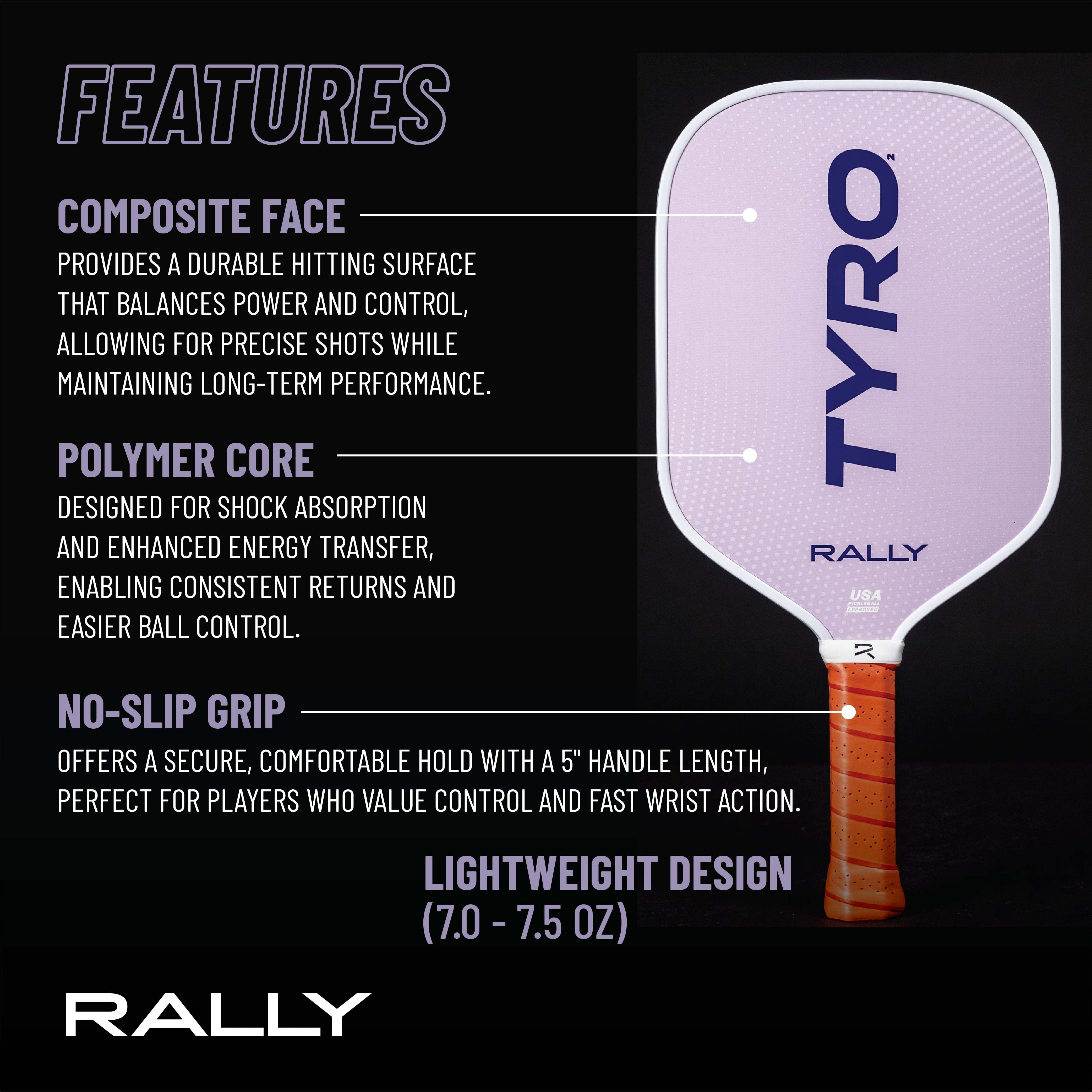 Rally Tyro 2 Pickleball Paddle, 7.0-7.5 oz, Polymer Core, 5" Handle, Purple