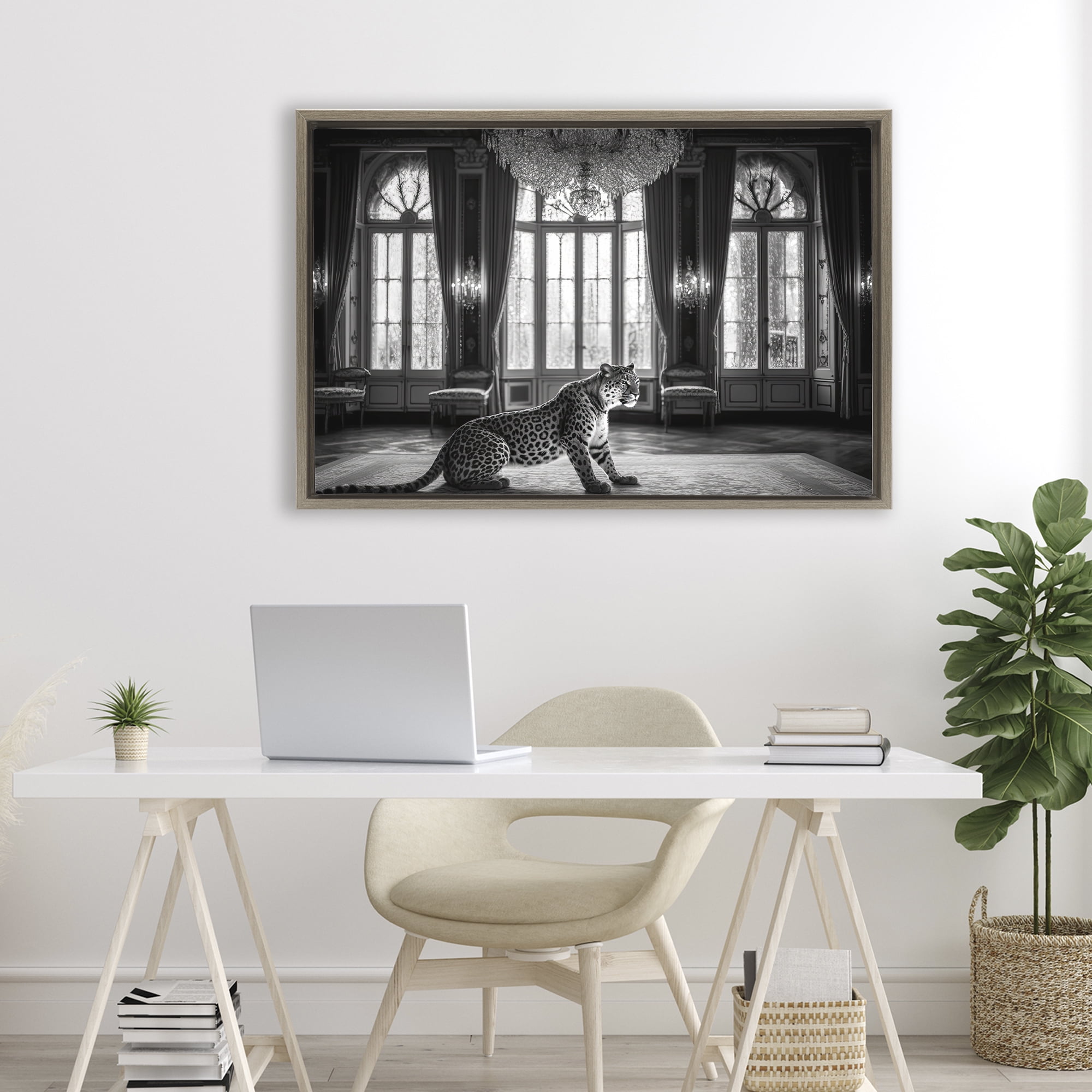 Snow Leopard in Opulent Mansion Brown Framed Floater Canvas Wall Art, design by Decent Exposures
