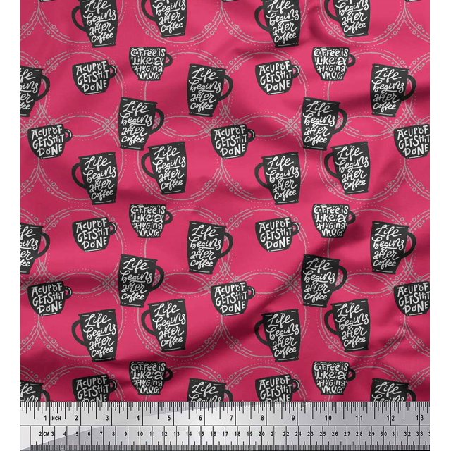 Soimoi Pink Rayon Crepe Fabric Life Begins After Coffee Text Decor Fabric Printed Yard 46 Inch Wide