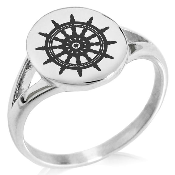 Stainless Steel Nautical Ship Helm Wheel Minimalist Oval Top Polished Statement Signet Ring