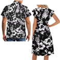 thumbnail image 5 of Garronmavis Black Hibiscus Couple Matching Outfit Men's Button Up Shirt Fashion Hawaiian Tops and Womens Short Sleeve Dress A-Line Elegant Summer Beach Dresses Size 4XL, 5 of 7