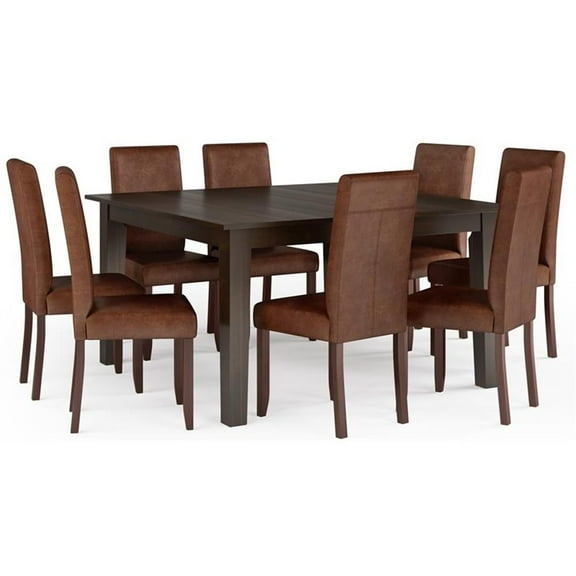 Pemberly Row 9 Pc Dining Set w/ 8 Chairs in Distressed Saddle Brown Faux Leather