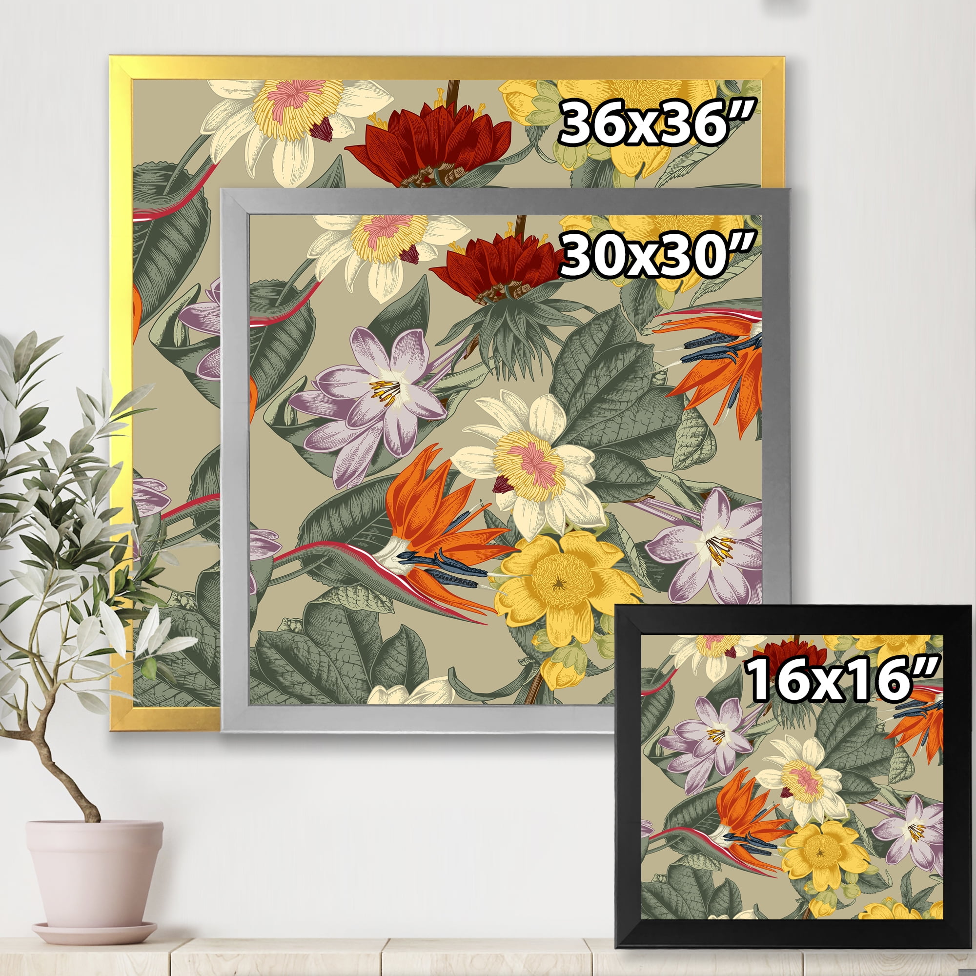 Designart 'Ancient Exotic Flowers In Orange and Yellow' Traditional Framed Art Print