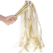 Ribbon rods ROSENICE 20PCS Wedding Birthday Party Silk Lace Ribbon with Bells Streamers Wands Fairy Stick (Beige)