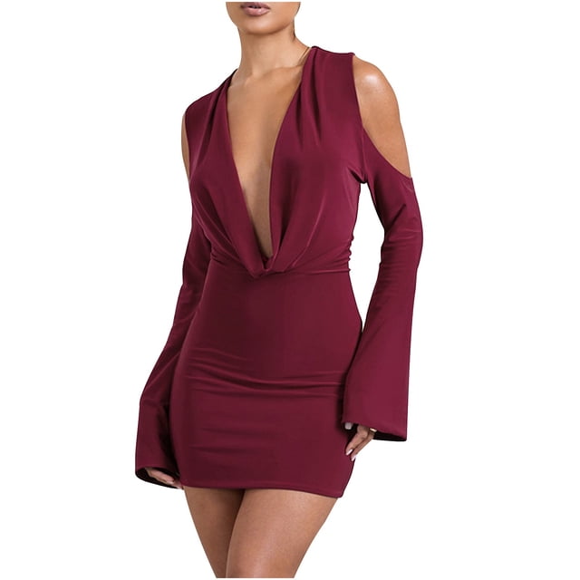 AherBiu Robe de Soirée pour Femmes à Manches Longues, Épaules Dénudées, Décolleté Plongeant, Mini-Robe Ajustée, Couleur Unie