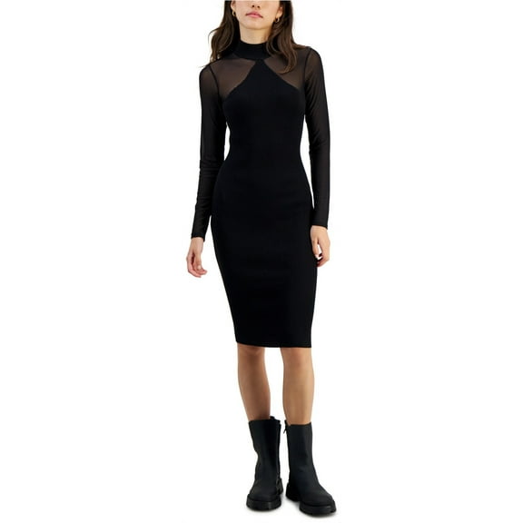 Almost Famous Womens Long Sleeve Ribbed Midi Bodycon Dress, Black, Juniors, X-Large