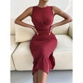 thumbnail image 2 of BLVB Women's Sleeveless Slim Dress Crewneck Pleat Waist Slit Ribbed Knit Tank Long Dress Elegant Party Club Dress, 2 of 6