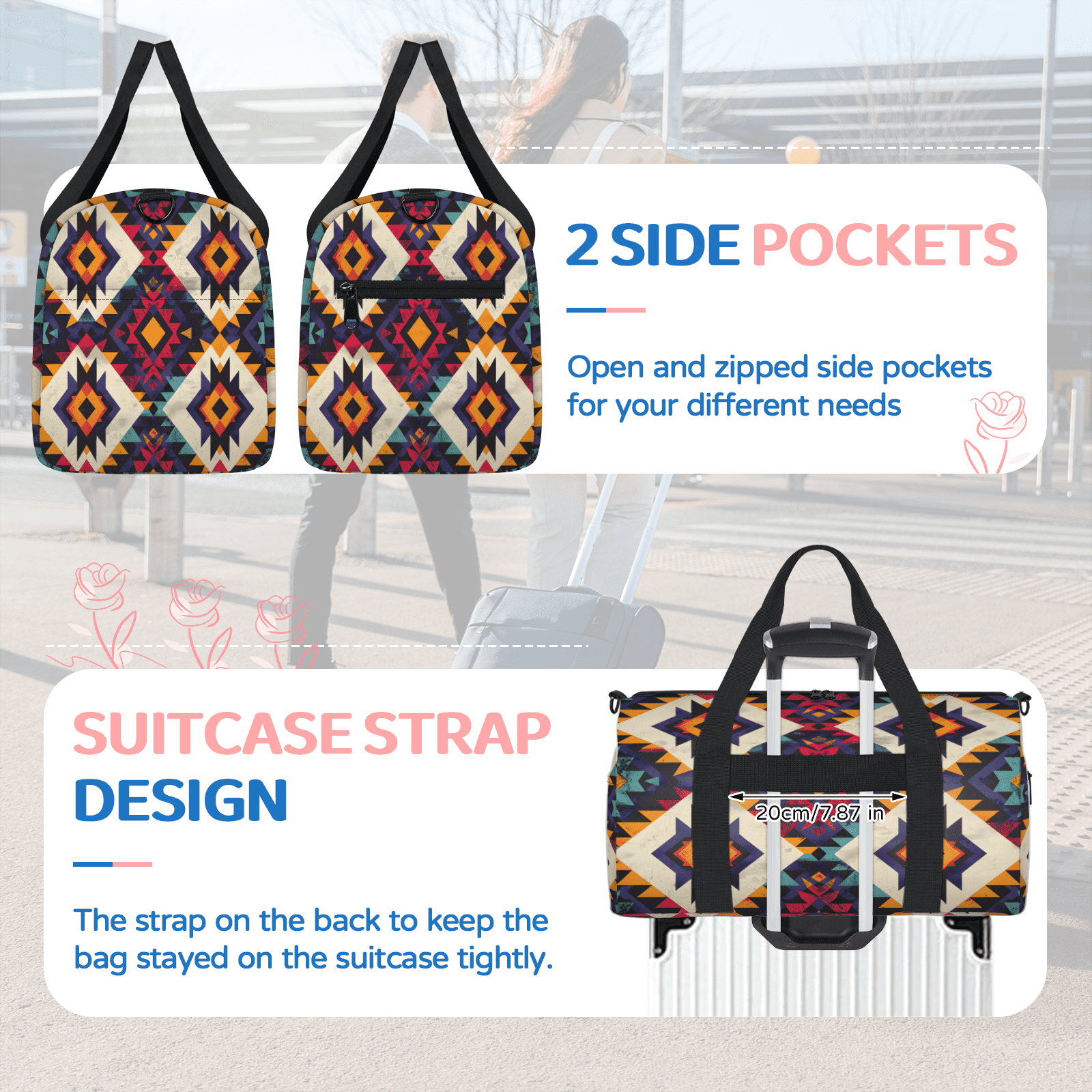 Herdesigns Western Aztec Gym Bag for Women, Duffle Bag for Travel Sport, Lightweight Waterproof Carry on Weekender Overnight Dance Yoga Workout Bags