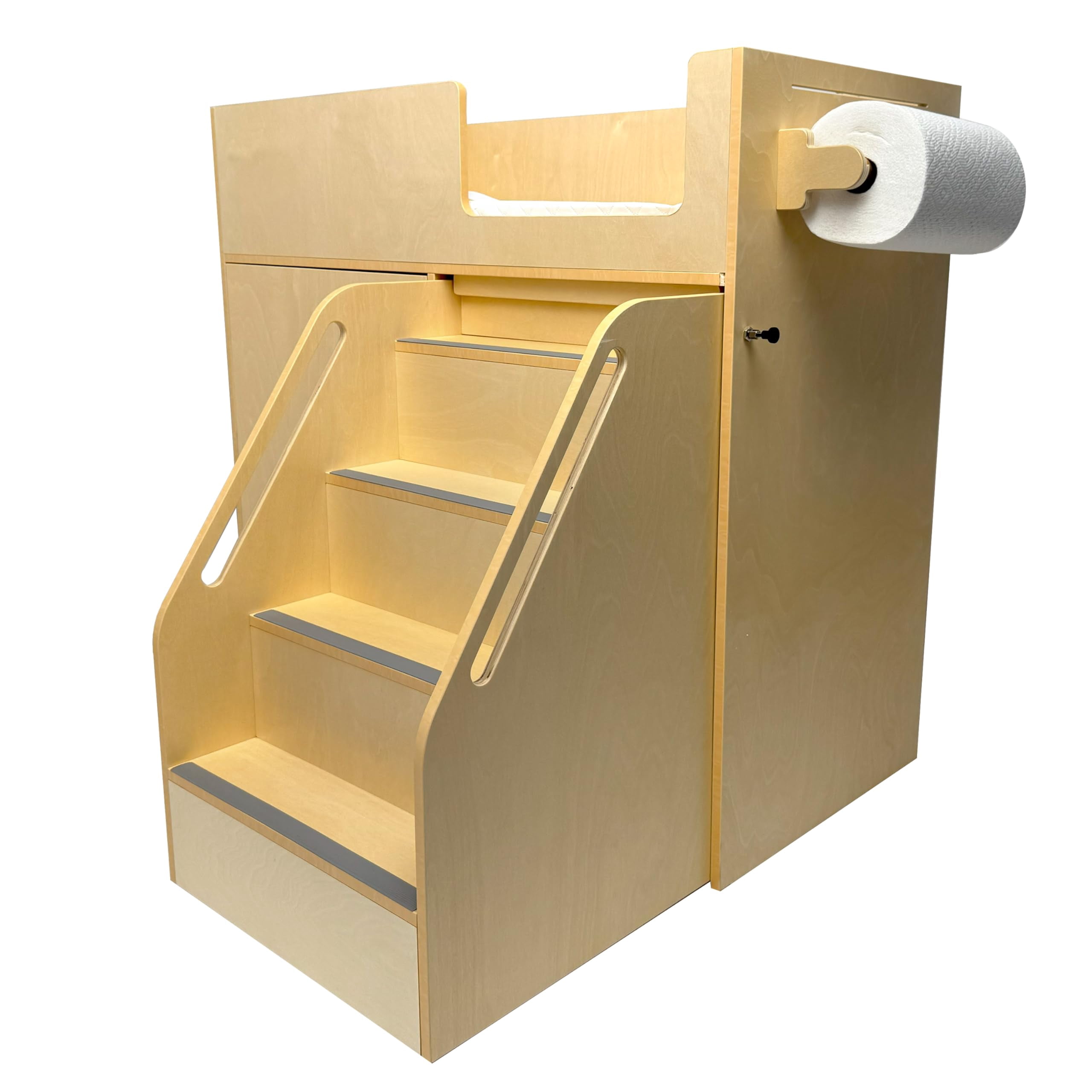 ZETY Baby Changing Table with Stairs, Portable Wooden Diaper Station with Wheels, Storage Shelves and Paper Roll Holder