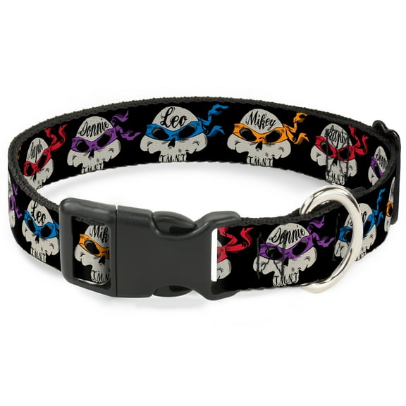 Nickelodeon Pet Collar, Dog Collar Plastic Buckle, TMNT Turtle Road Rebel Skulls Black, 8.5 to 12 Inches 0.5 Inch Wide