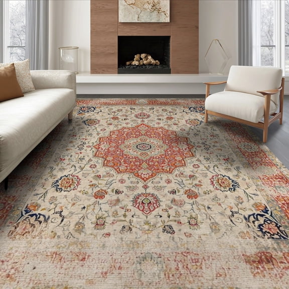 ODIKA 8'x10' Washable Area Rug Non-Slip Chair-Friendly Mat Vintage Oriental Medallion With Distressed Floral Border And Scroll Motifs for Dining Room, Large Office, Lounge