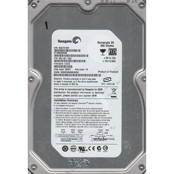 ST3250620NS, 9QE, TK, PN 9BL14E-502, FW 3.AEG, Seagate 250GB SATA 3.5 Hard Drive