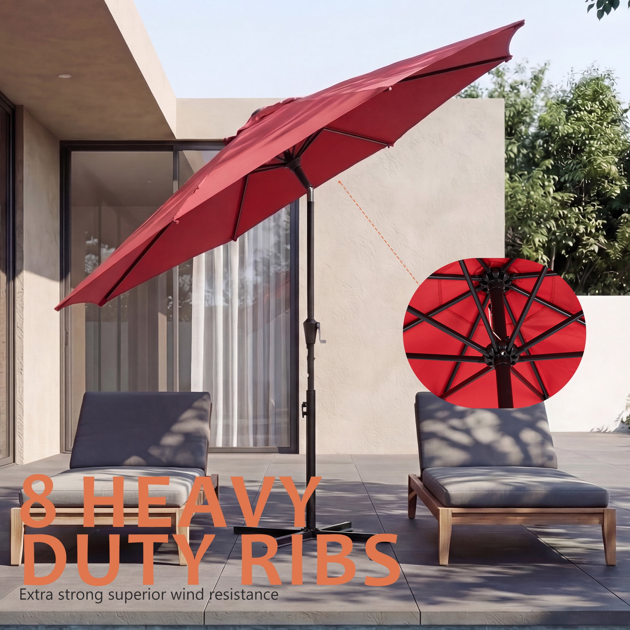 SHOUFTW 9 ft Patio Market Umbrella, Outdoor Table Umbrella with Crank Lift and Tilt, Round Sun Shade for Garden, Deck, Backyard, Poolside, Khaki, Red