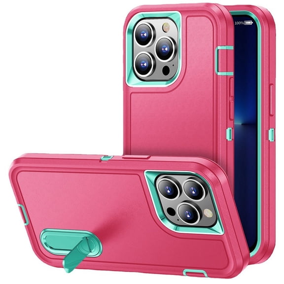 Military Grade TUFF Hybrid Armor Case with Kickstand for iPhone 14 Pro Max - Hot Pink Teal