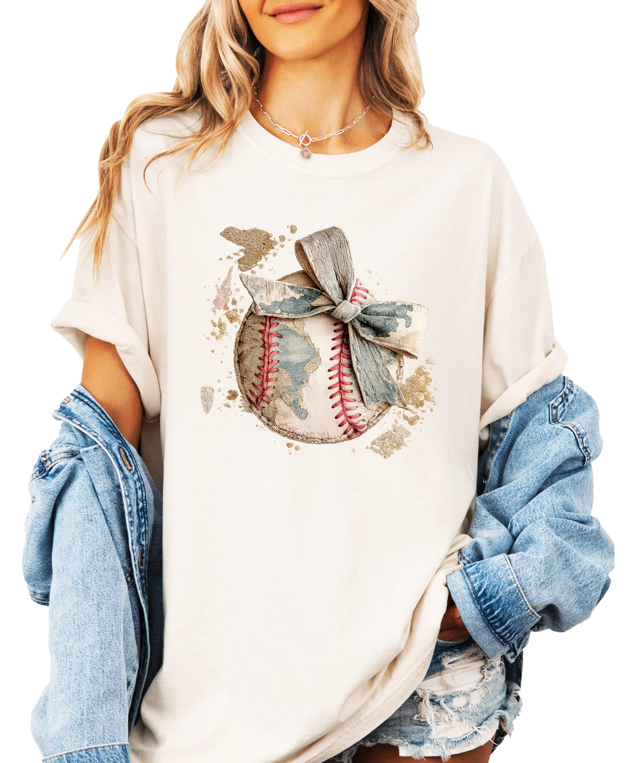 Cute Baseball Bow Shirt for Women - Coquette Game Day Tee - Trendy Sports Mom T-Shirt Ivory Shirt Adult Small