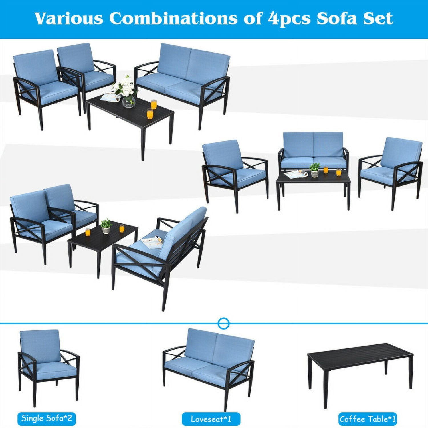 Aimee Lii 4 Pieces Patio Furniture Set, Aluminum Frame Cushioned Sofa, Small Patio Set, Blue