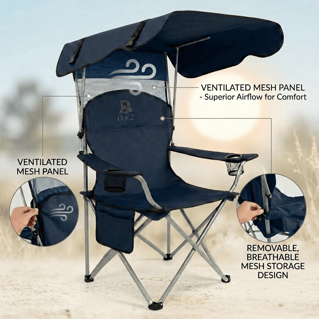 Portable Folding Outdoor Shade Camping Chair, Wide Seat with Breathable Mesh Backrest, Dual Side Cup Holders & Storage Pocket, Equipped with Carry Strap, Foldable Lightweight Lawn Chair for Beach