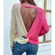 thumbnail image 3 of Manga larga sin espalda suéter V cuello suelto colorblock diseño suave cómodo mujeres espalda abierta suéter sin espalda superior, 3 of 5