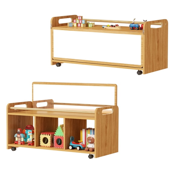 Advwin Toy Storage Organizer with Flip-Up Acrylic Mirror, Mobile Kids Bookshelf & Toy Cabinet with Lockable Wheels & Handrail for Playroom Bedroom