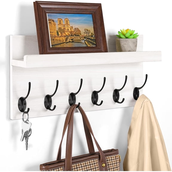 Shelf with Hooks, Coat Rack Wall Mount with 6 Double Metal Hooks, 17 Inch Farmhouse Wall Hooks with Shelf for Entryway, Bathroom, Kitchen, White
