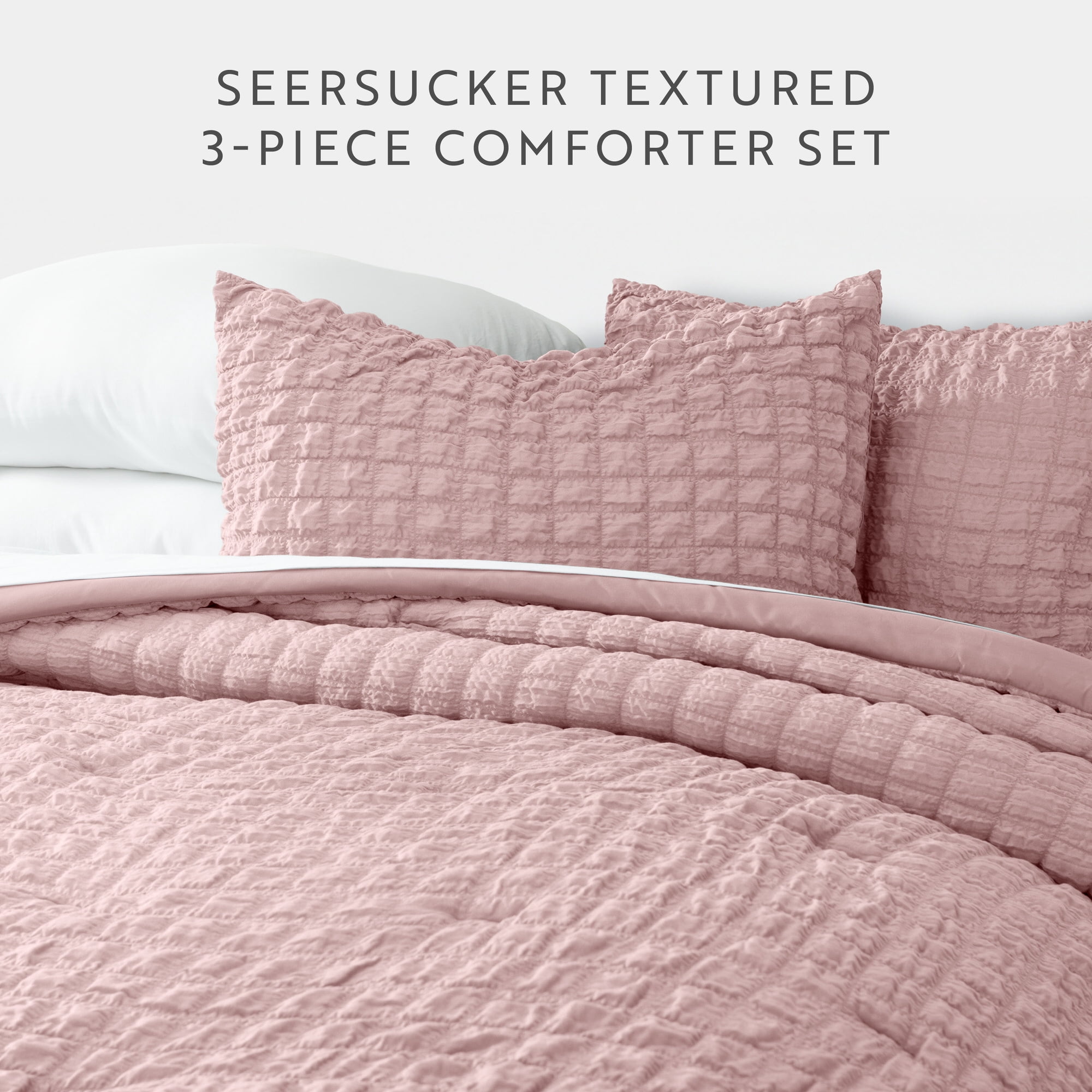 Noble Linens 3 Piece Seersucker Textured All Season Down-Alternative Comforter Set, Rose, Twin/TwinXL