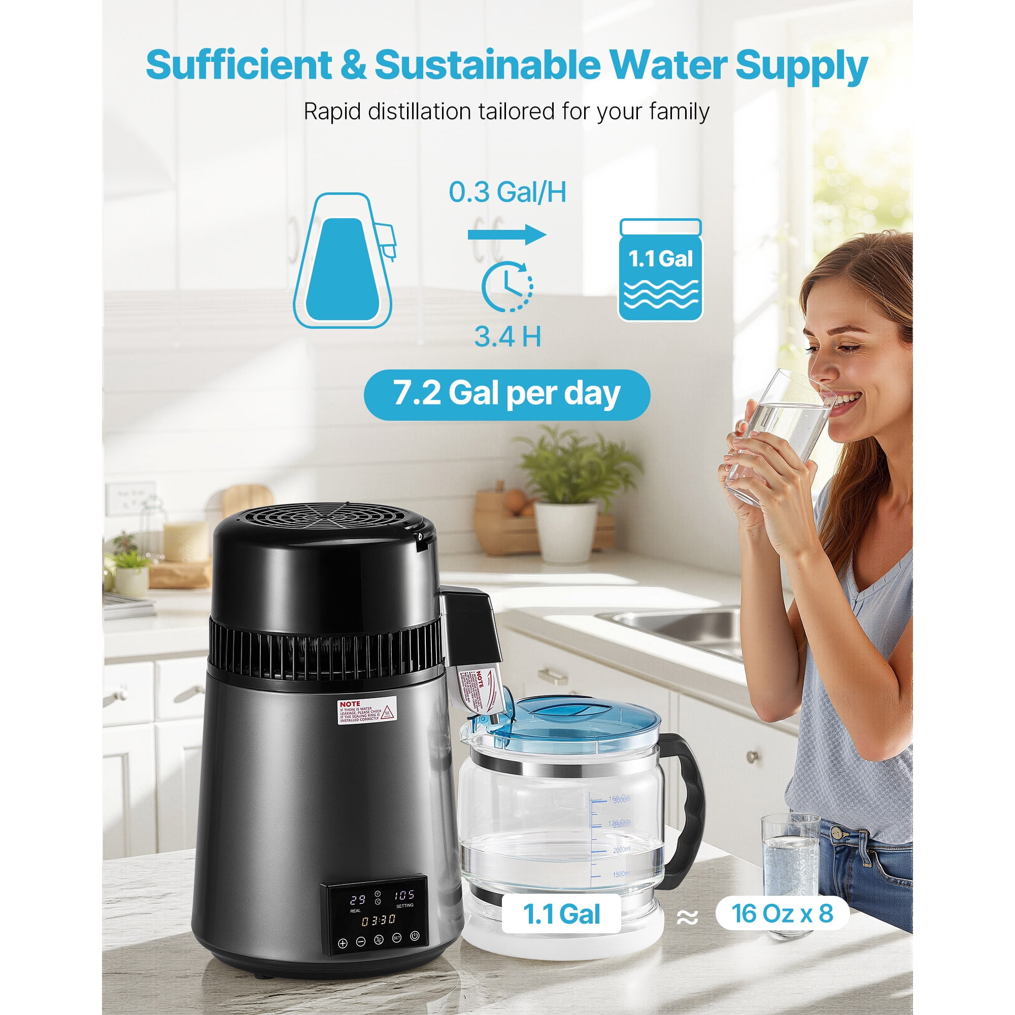 KFFKFF 4L 1.1 Gallon Water Distiller for Home Countertop, 750W Purifier with Glass Container, Stainless Steel Interior for Clean Drinking Water, Grey