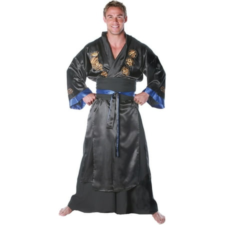 Morris Costumes Underwraps Mens Samurai Full length silk robe, fully embroidered front and back and wide leg pants One Size Black, Style UR28656BK