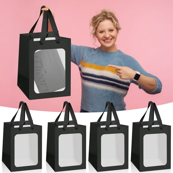 8 pcs 7.2" x 5.1" x 9.8" black window gift wrap bags, shopping bags, bulk, retail packaging bags for business, craft grocery, boutique, party favors, wedding, gift holiday packaging bags.