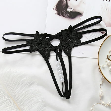Rigardu Hot Sale!! Women s Pearl Lace Panties Hollow Low Waisted Underwear 2025 Trendy Womens Floral Lace Th*Ong Waist No Show Bow T Back Adjustable Ladies Underwear Black One Size