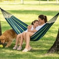thumbnail image 6 of Double Canvas Hammock with Wood Bar, Blue-Green Striped, 500 lbs Capacity, Portable with Storage Bag, 2 Tree Ropes & Manual, 6 of 8