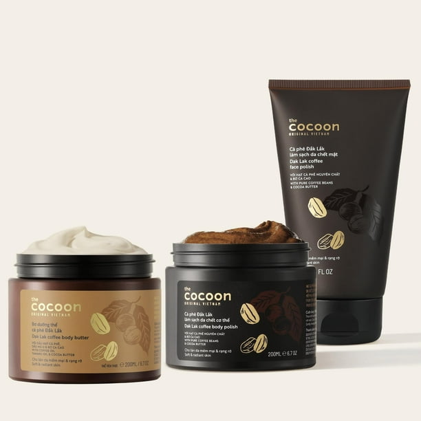 Combo de esmalte facial y manteca corporal Cocoon Dak Lak. Exfoliante vegano para pieles suaves y brillantes | Reducir las estrías, el acné y la celulitis | Regalo para amantes del café (6.76 fl oz