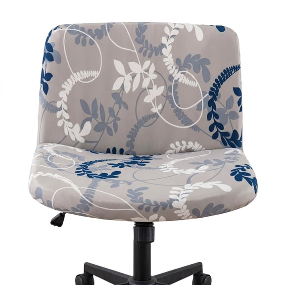Blue Leaf Stretch Armless Chair Cover, Stain Resistant Wide Swivel Kite Slipcover, Washable Desk Vanity Protector for Home Office Bedroom