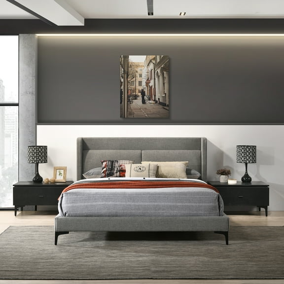 Armen Living Legend 3-Piece Fabric & Wood Queen Bedroom Set in Gray/Black