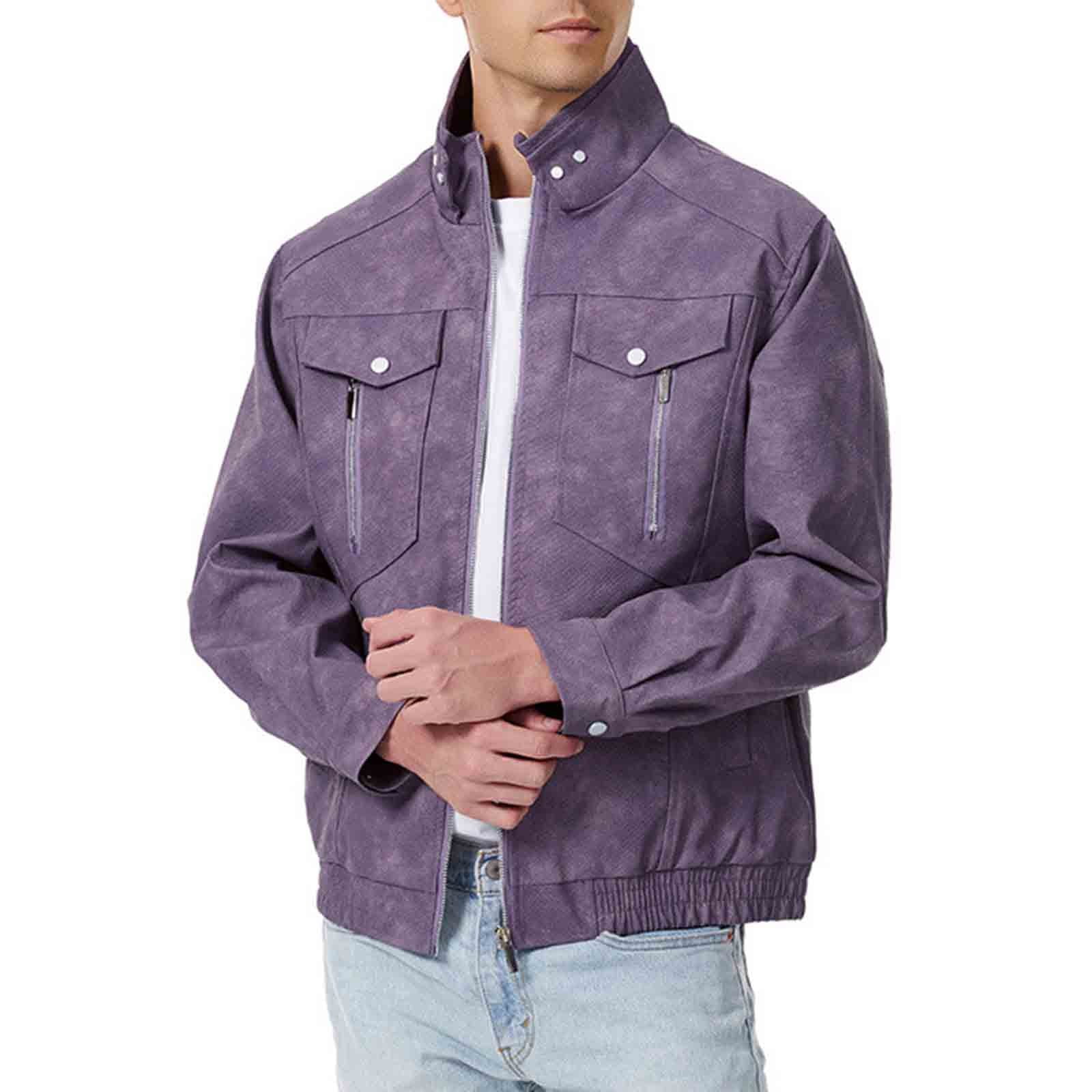 Abomasnow Men's Big & Tall Faux Leather Denim Jacket Vintage Zip Up Turtleneck Jean Jacket with Multiple Pockets M-4XL
