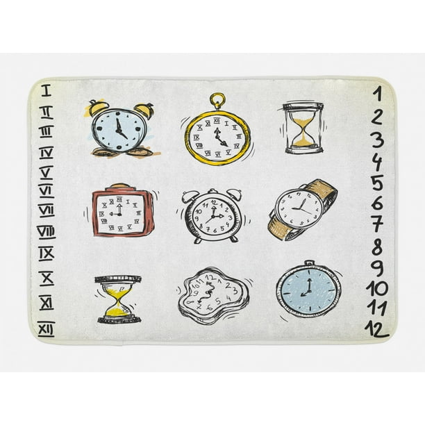 Clock Bath Mat, A Collection of Vintage Style Watches and Doodled
