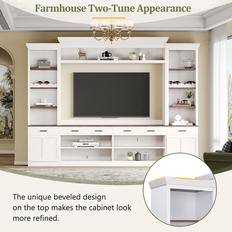Farmhouse 4-Piece Entertainment Center with Bookshelves for TVs Up to 70", TV Stand with Storage Cabinets, Drawers, Adjustable Shelves and Wine Rack, Mid-Century Media Console for Living Room