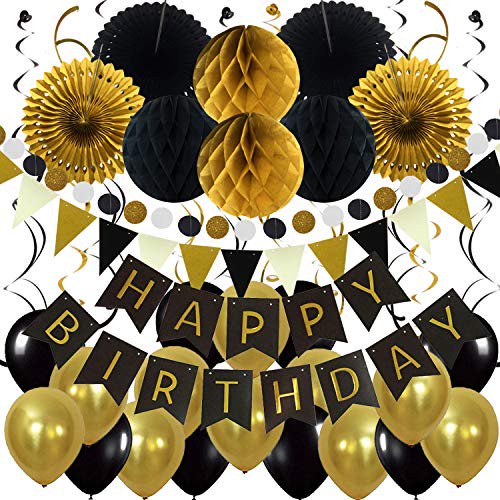 ZERODECO Décoration de Fête d'Anniversaire, Bannière Joyeux Anniversaire avec Éventails en Papier, Boules en Nid d'Abeille, Fanions Triangulaires, Guirlande de Cercles en Papier, Spirales et Ballons Suspendus - Noir et Imitation-Or