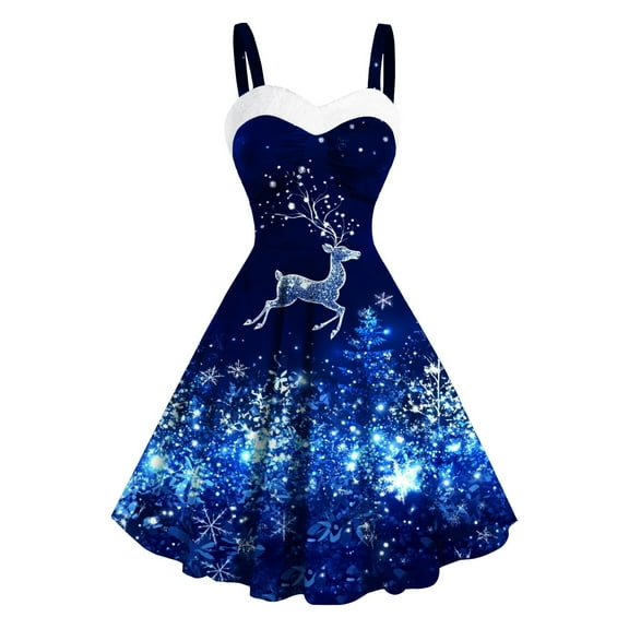 Women's Christmas Dresses Retro 1950s Xmas Snowflake Print Midi Dresses Sleeveless Spaghetti Strap A-Line Dress Holiday formal Party Dresses